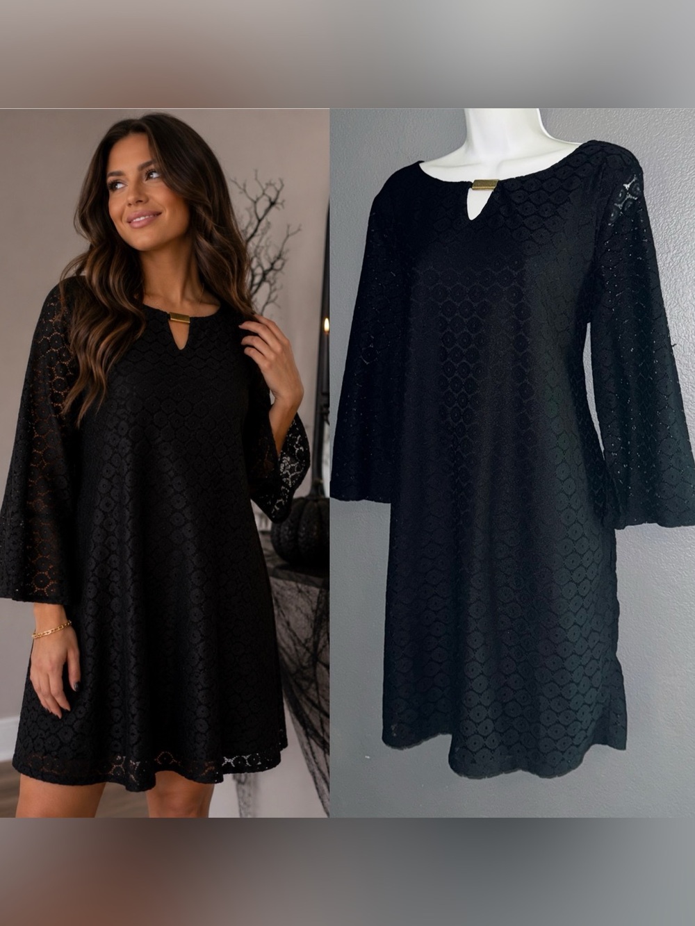 Tacera Little Black Laced Long Sleeve Keyhole Dress Womens XL